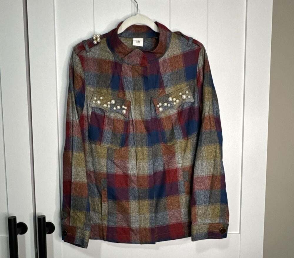Cabi Womens Plaid Pearl Embellished Zip Up Topper Jacket Shirt Top Size L